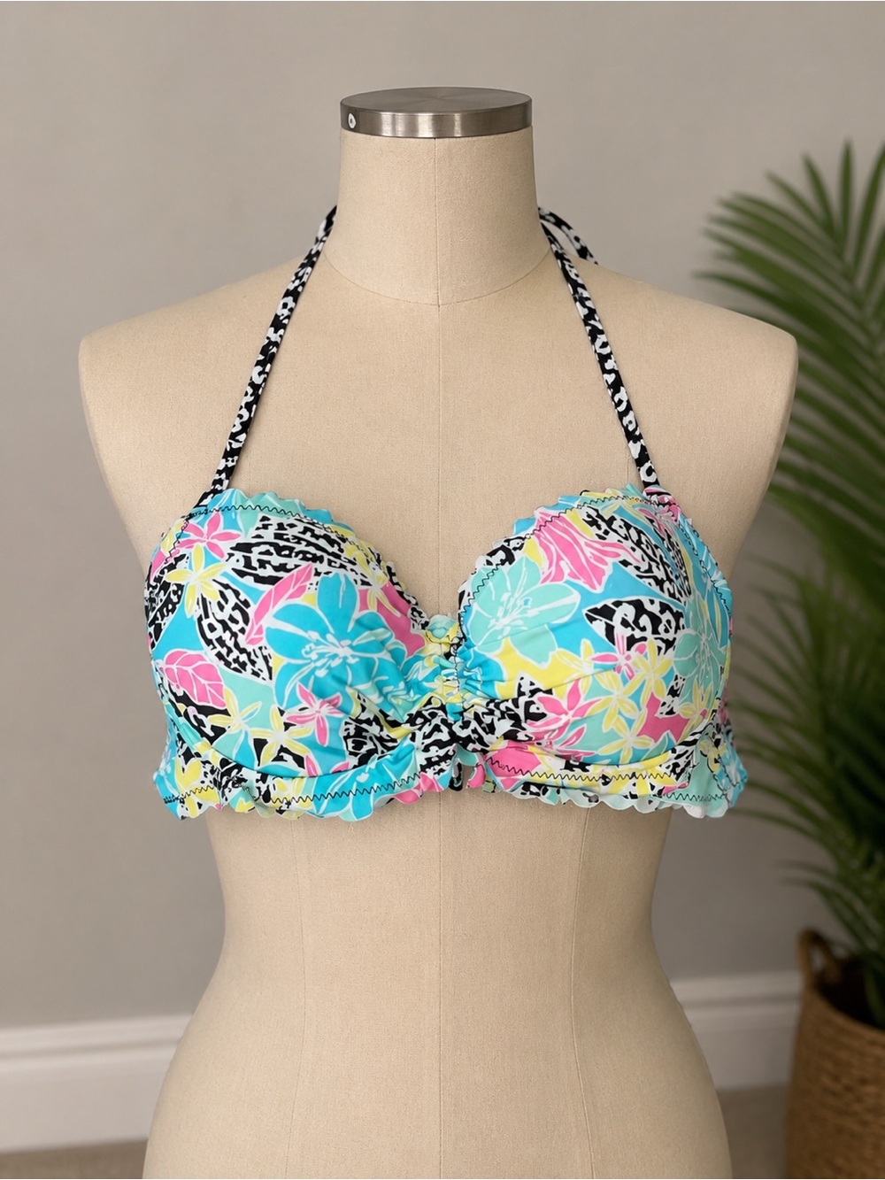 Coco Rave Mint Floral Halter Bikini Top with Black Accents